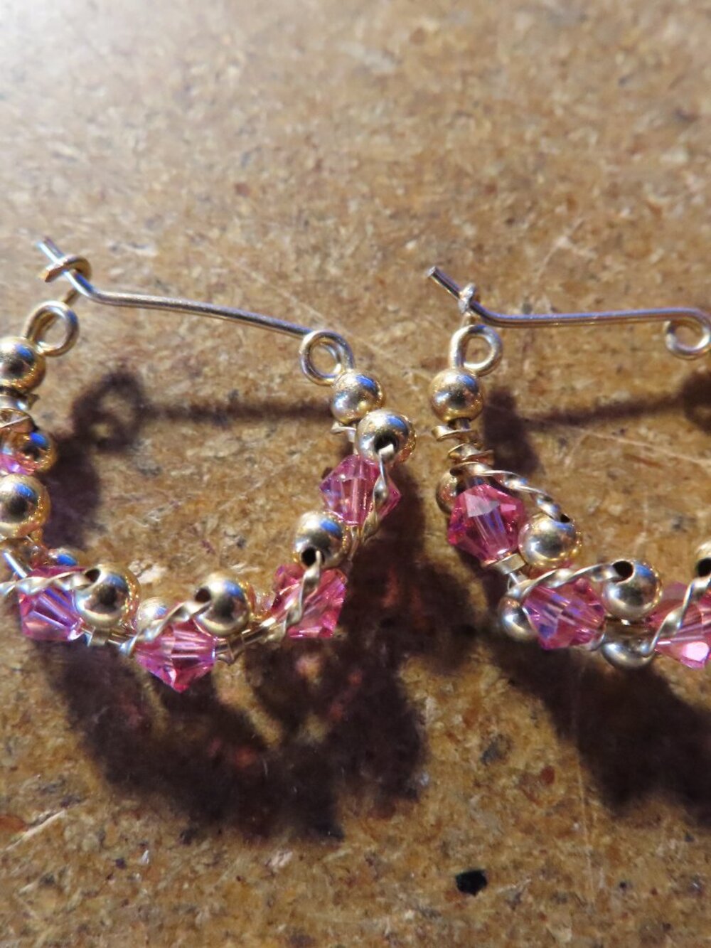 14K YELLOW GOLD FILLED PINK BEADS HOOP EARRINGS